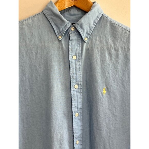 VTG Ralph Lauren Blake 100% Linen Button Down Shirt Mens L Blue Short Sleeve - Picture 2 of 6